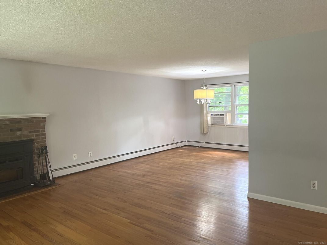 Empty room, Fireplace, Interior, Pendant Lights, Wood Texture Flooring