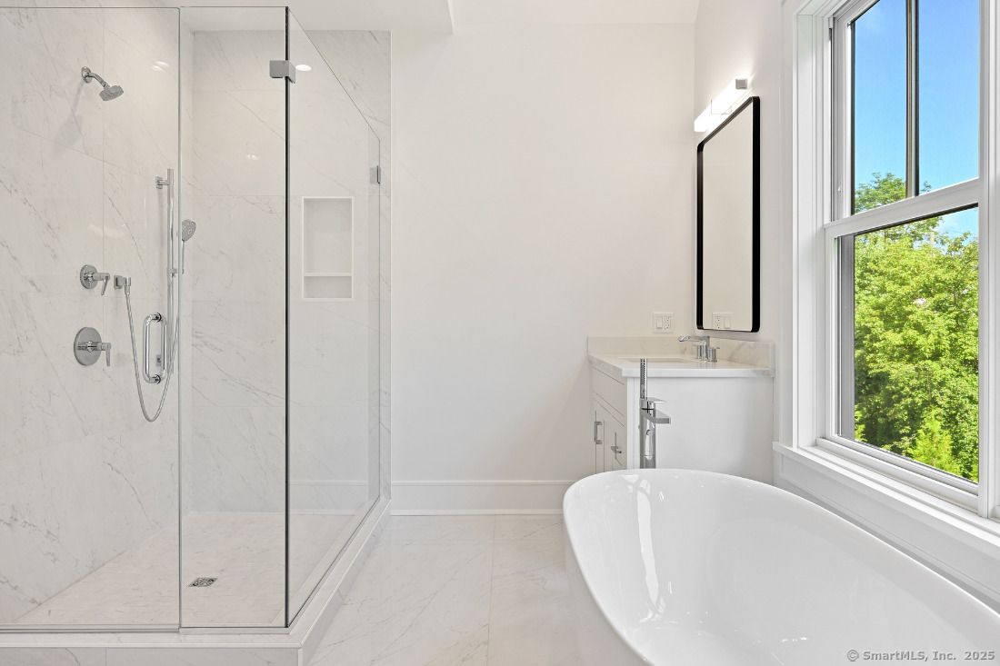 Bathroom, Free Standing Baths, Glass Shower, Interior, Marble, Marble Walls