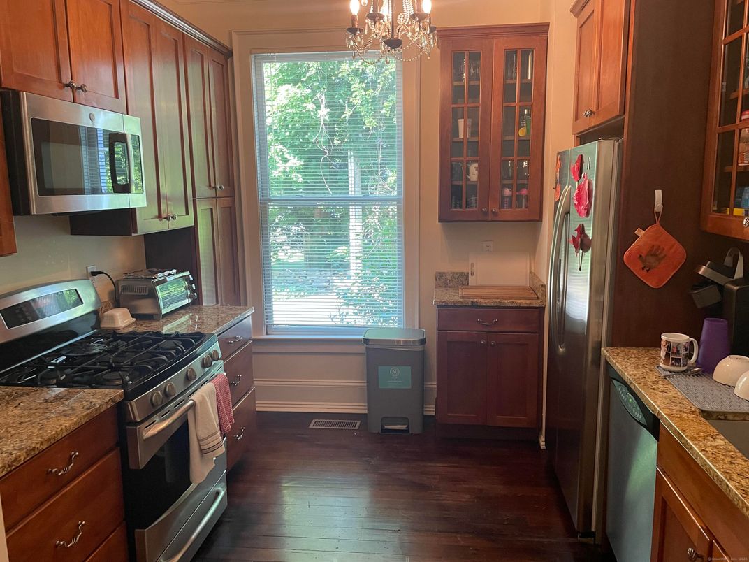 Chandelier, Interior, Kitchen, Stainless Steel Appliances, Wood Texture Flooring