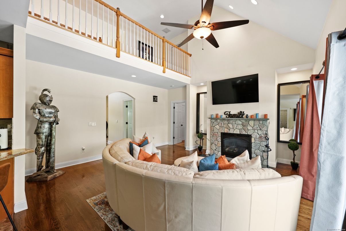 Fireplace, Interior, Living room, Recessed Lighting, Wood Texture Flooring