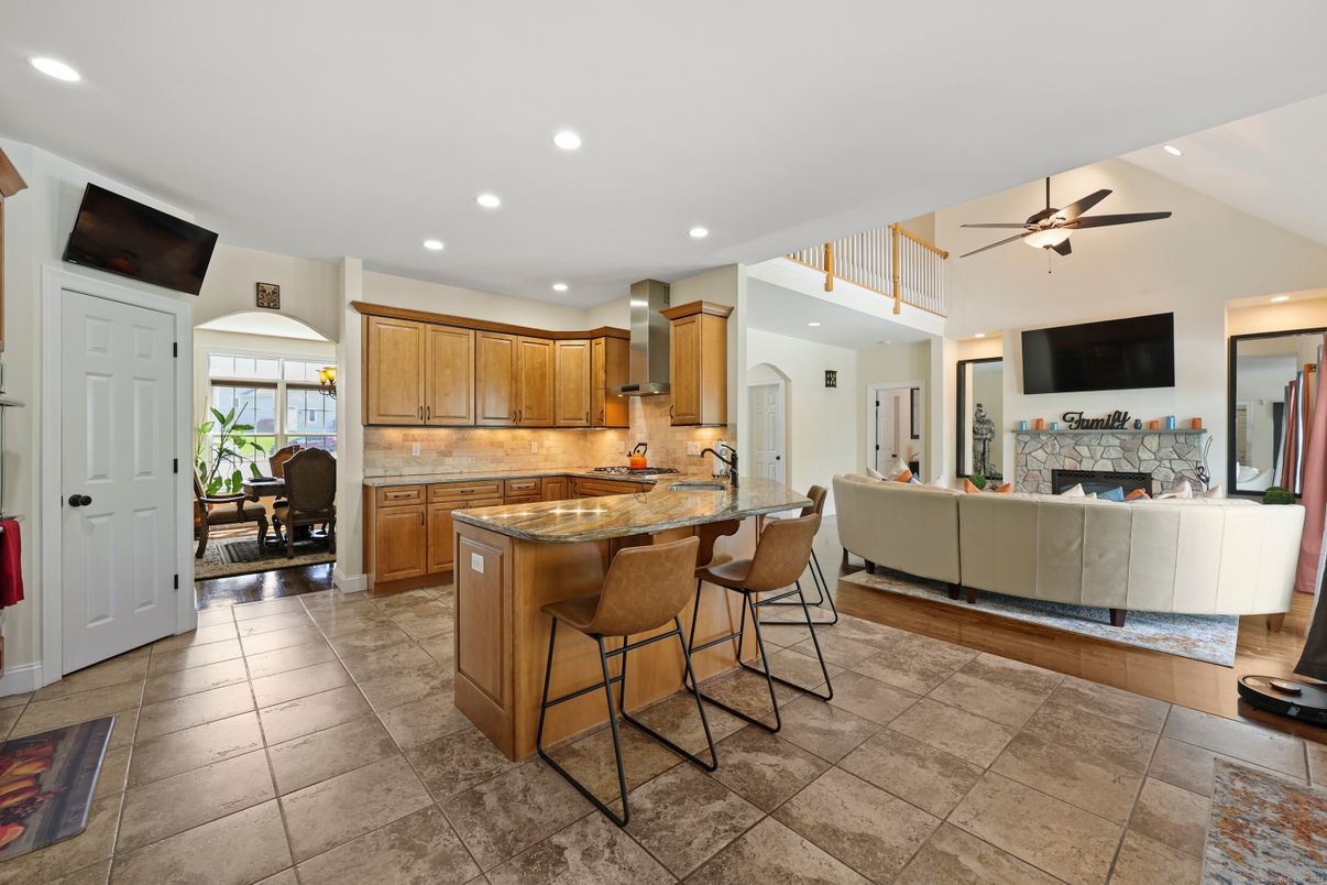Fireplace, Interior, Kitchen, Living room, Recessed Lighting