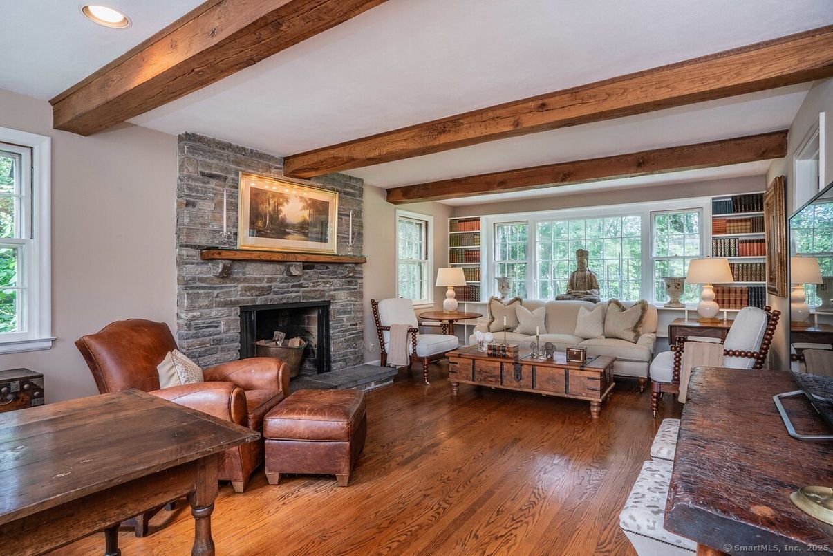 Fireplace, Interior, Living room, Recessed Lighting, Stone Walls, Wooden Beams, Wood Texture Flooring