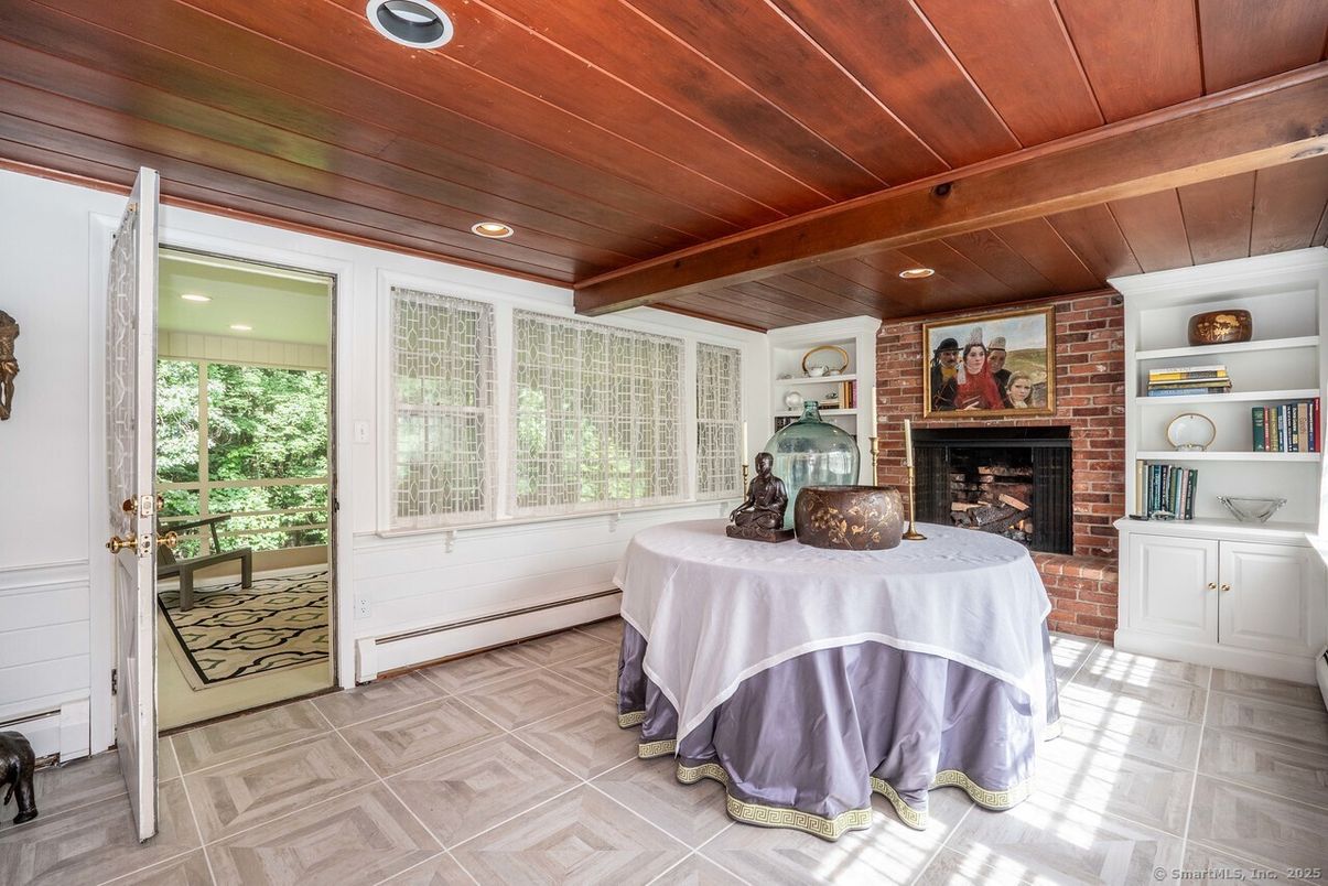 Fireplace, Interior, Recessed Lighting, Stone Walls, Wooden Beams, Wooden Ceilings