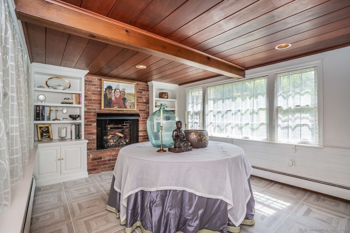 Fireplace, Interior, Recessed Lighting, Stone Walls, Wooden Beams, Wooden Ceilings