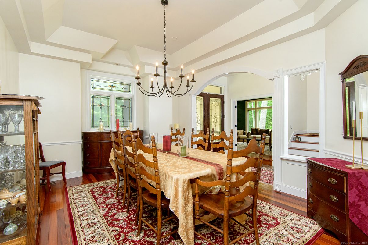 Chandelier, Dining room, Interior, Wood Texture Flooring