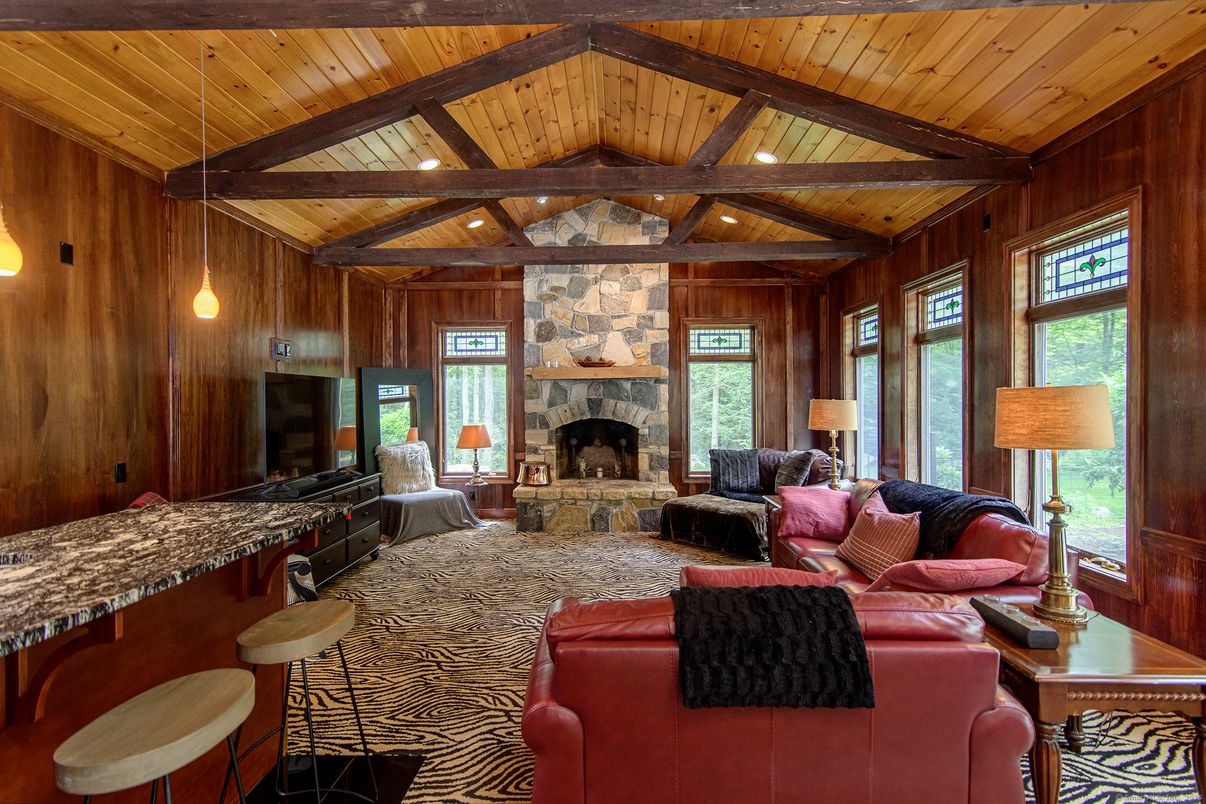 Fireplace, Interior, Living room, Recessed Lighting, Stone Walls, Wooden Beams, Wooden Ceilings, Wooden Walls