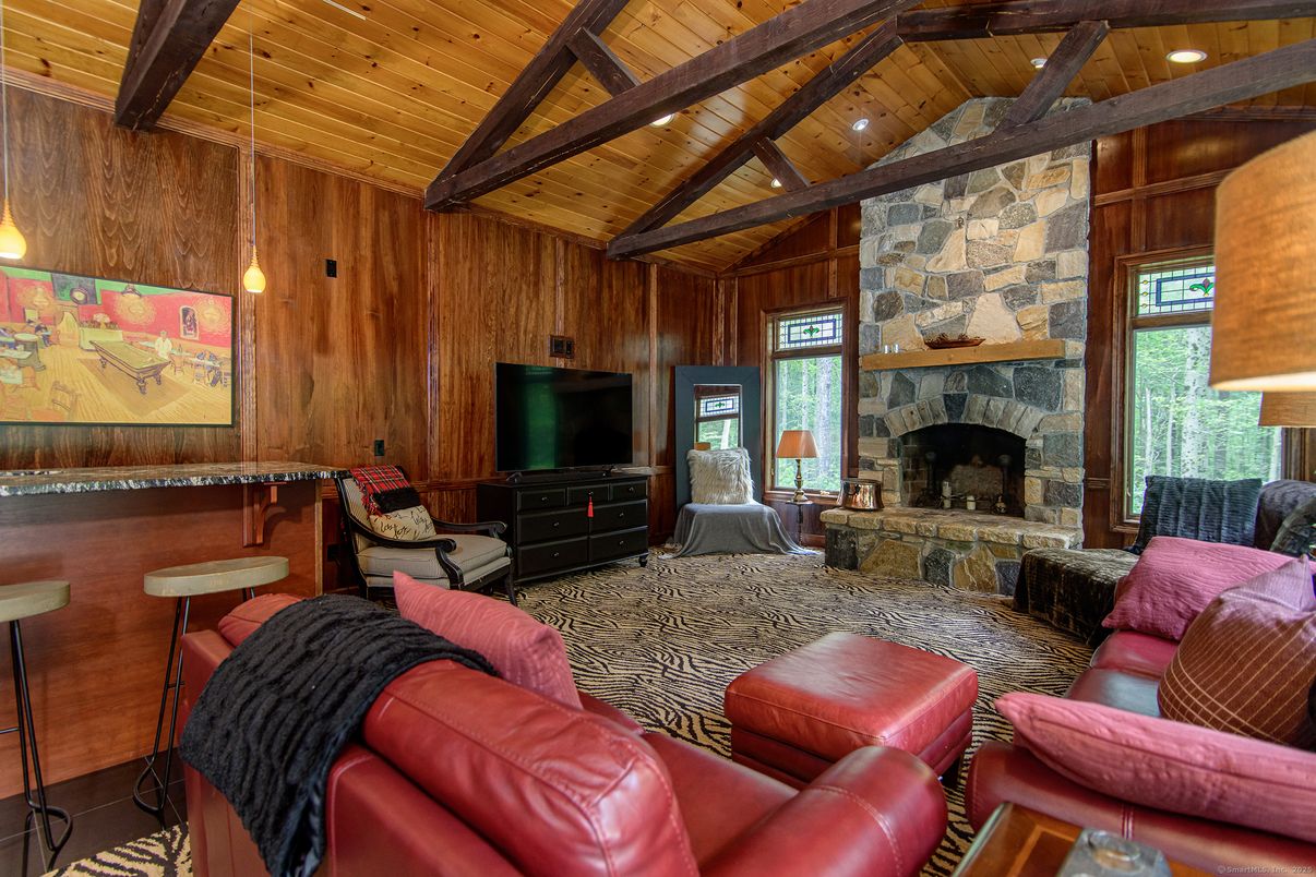 Fireplace, Interior, Living room, Pendant Lights, Recessed Lighting, Stone Walls, Wooden Beams, Wooden Ceilings, Wooden Walls