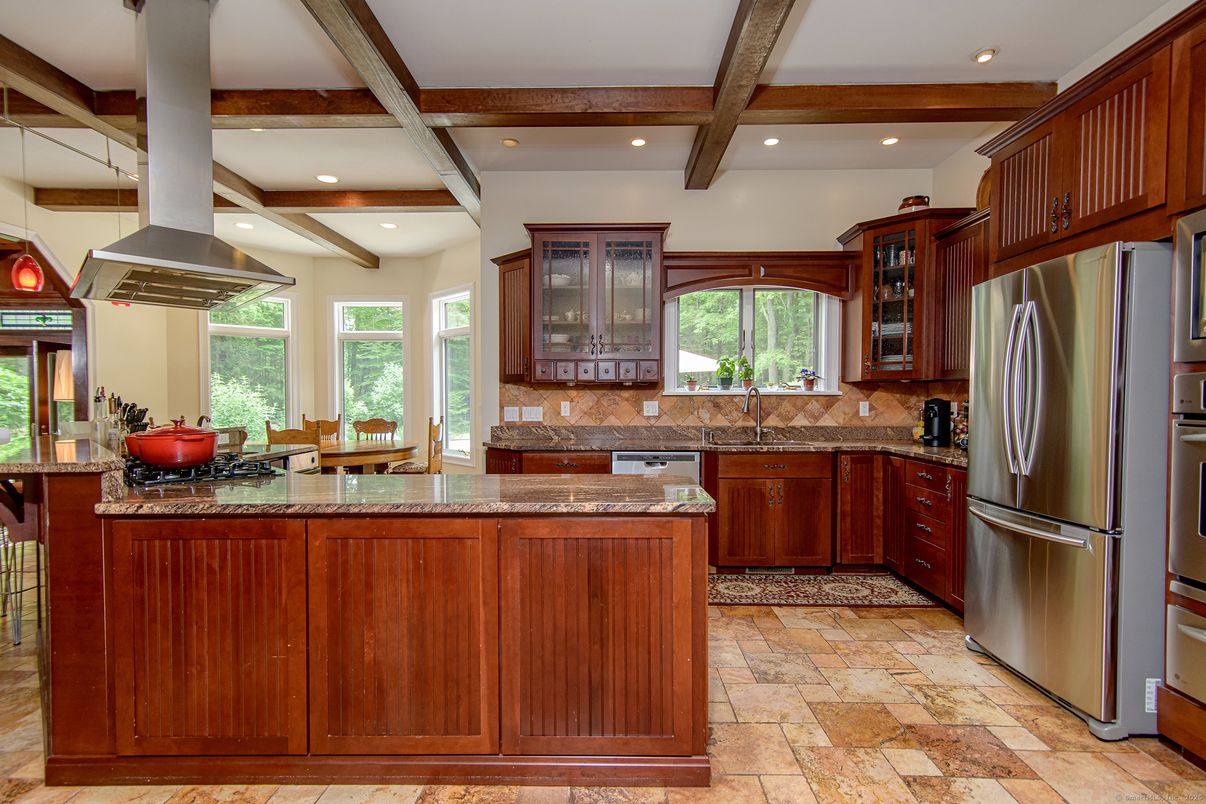 Dining room, Interior, Kitchen, Recessed Lighting, Stainless Steel Appliances, Wooden Beams