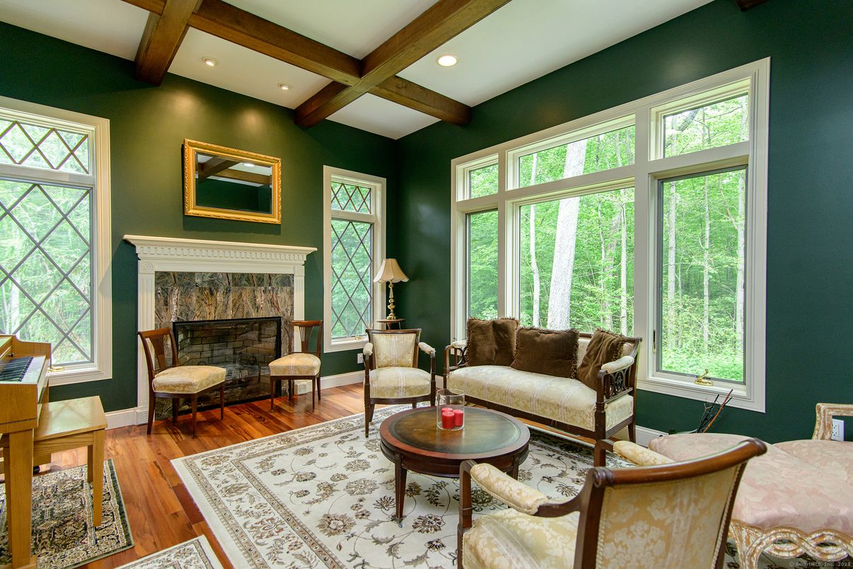 Fireplace, Interior, Living room, Recessed Lighting, Wooden Beams, Wood Texture Flooring