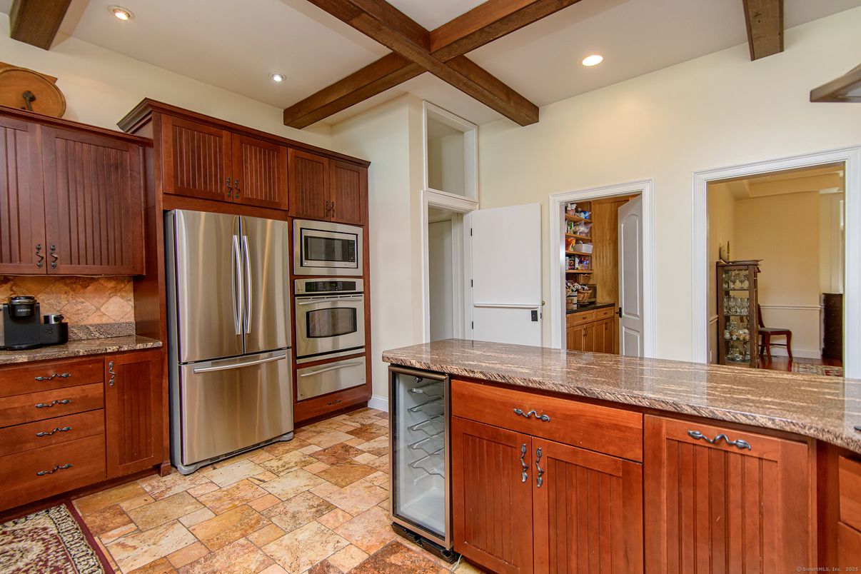 Interior, Kitchen, Recessed Lighting, Stainless Steel Appliances, Wooden Beams