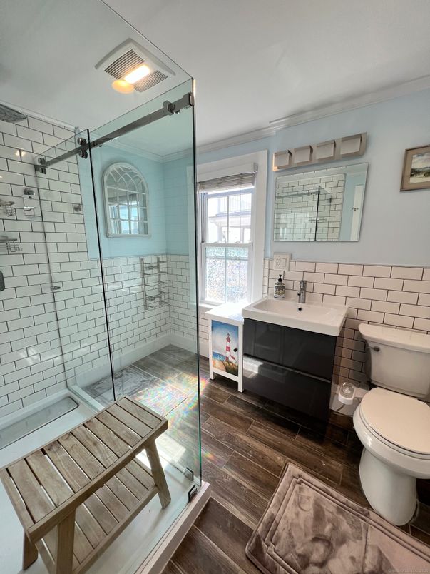 Bathroom, Glass Shower, Interior, Wood Texture Flooring