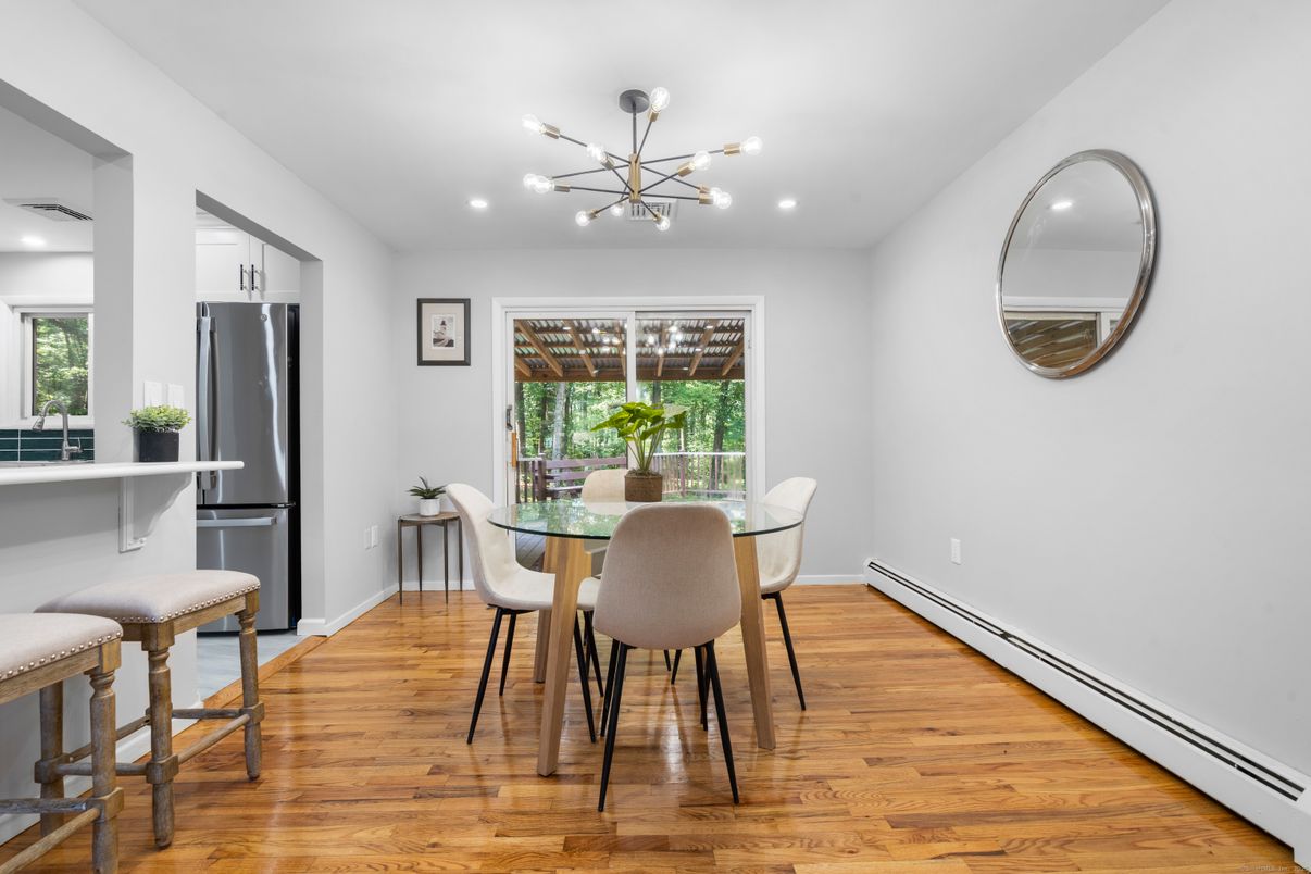 Dining room, Interior, Kitchen, Pendant Lights, Recessed Lighting, Stainless Steel Appliances, Wood Texture Flooring