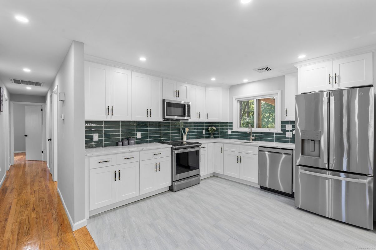 Interior, Kitchen, Recessed Lighting, Stainless Steel Appliances, Wood Texture Flooring