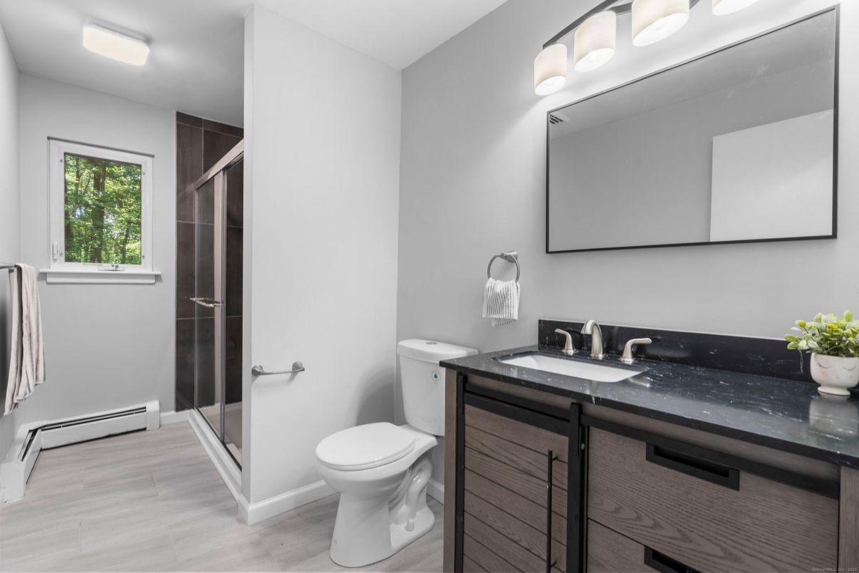 Bathroom, Glass Shower, Interior, Wood Texture Flooring