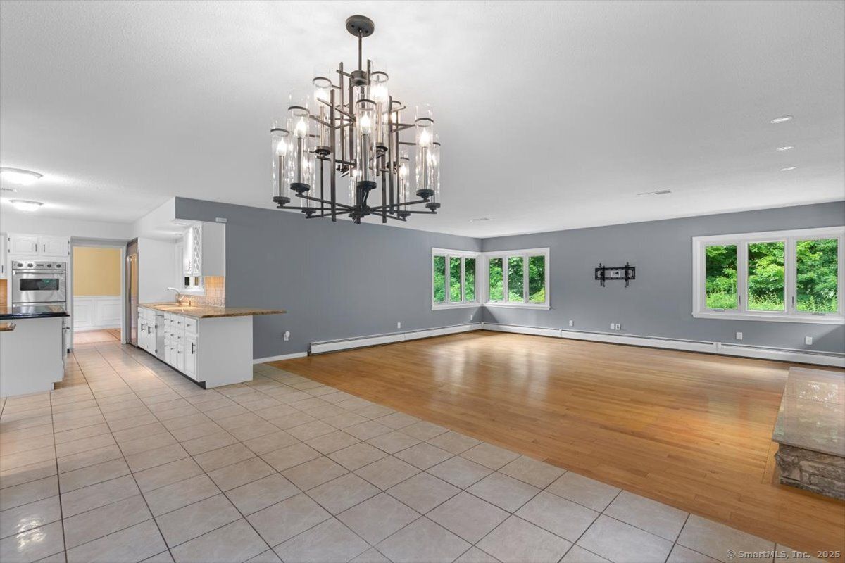 Empty room, Interior, Kitchen, Pendant Lights, Recessed Lighting, Wood Texture Flooring
