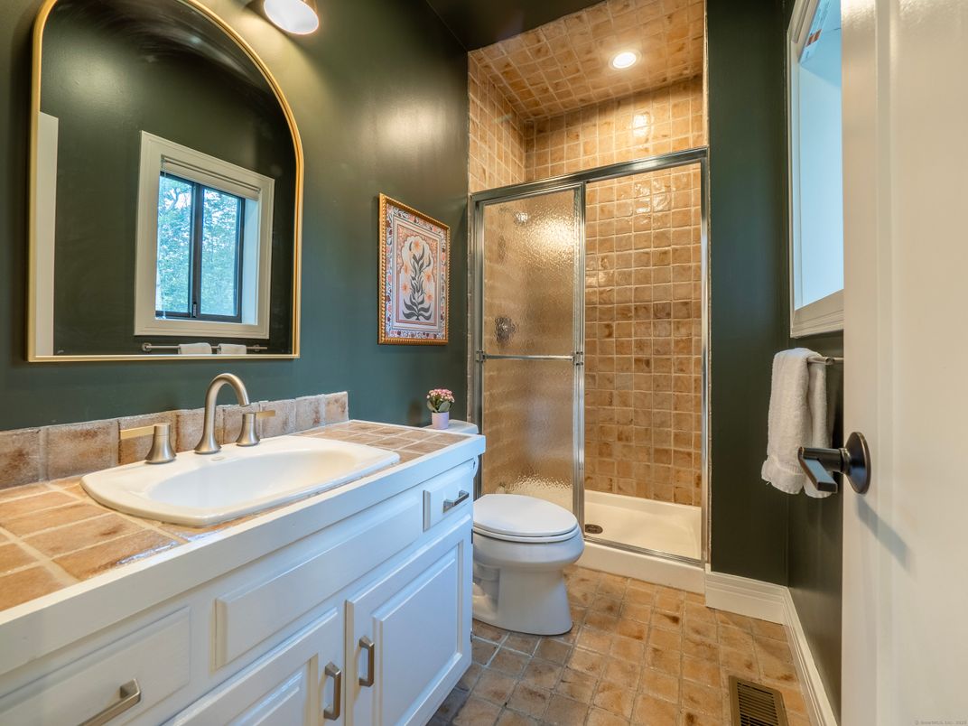 Bathroom, Glass Shower, Interior, Recessed Lighting, Tile Countertops