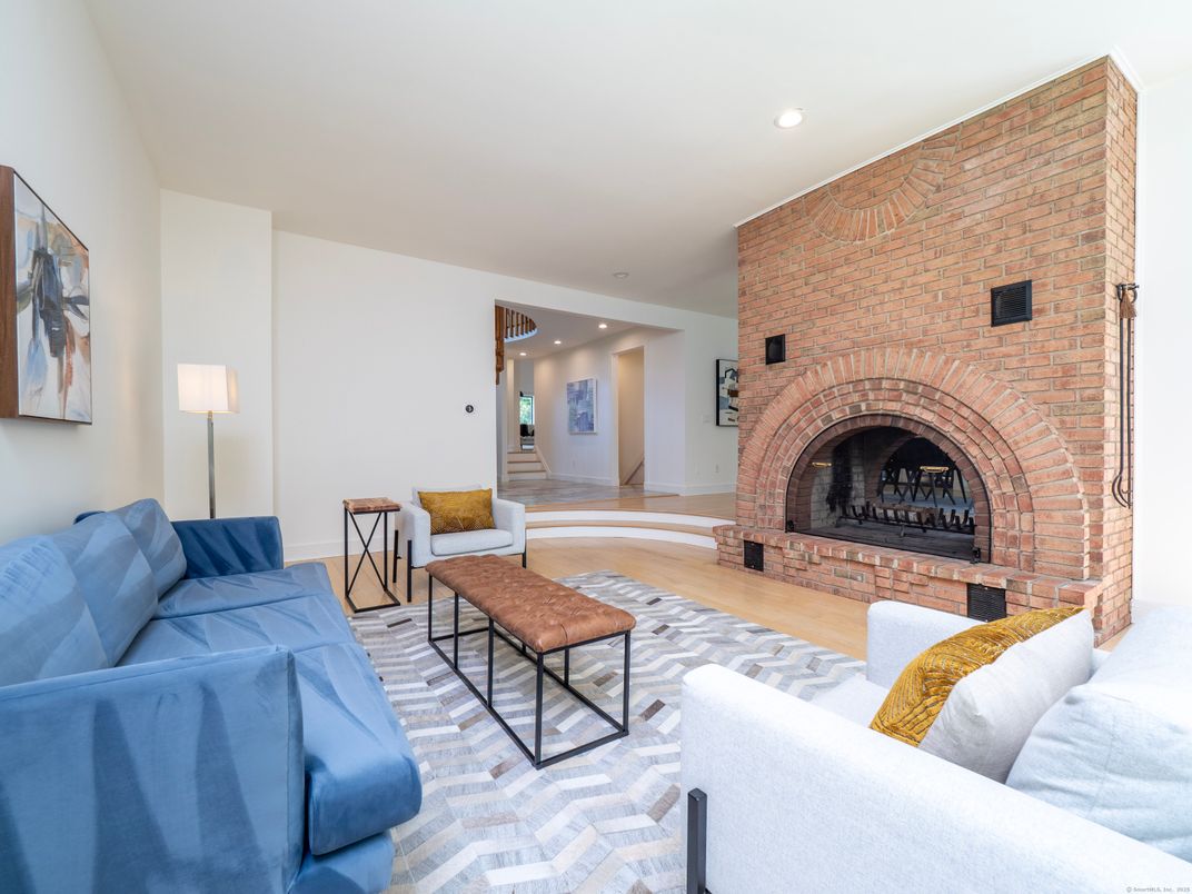 Fireplace, Interior, Living room, Recessed Lighting, Stone Walls