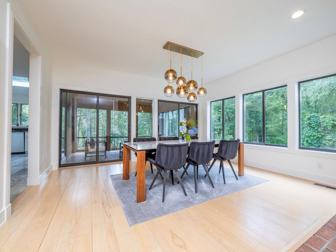 Dining room, Interior, Pendant Lights, Recessed Lighting, Wood Texture Flooring