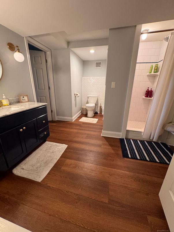 Bathroom, Interior, Recessed Lighting, Wood Texture Flooring