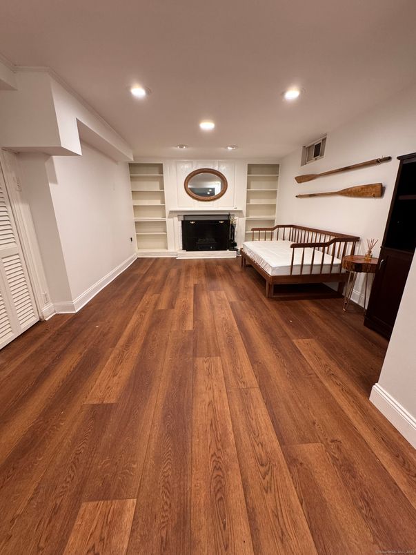Fireplace, Interior, Recessed Lighting, Wood Texture Flooring