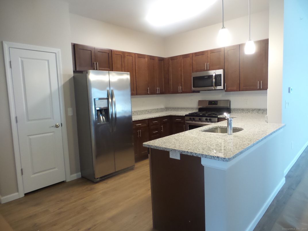 Interior, Kitchen, Pendant Lights, Stainless Steel Appliances, Wood Texture Flooring