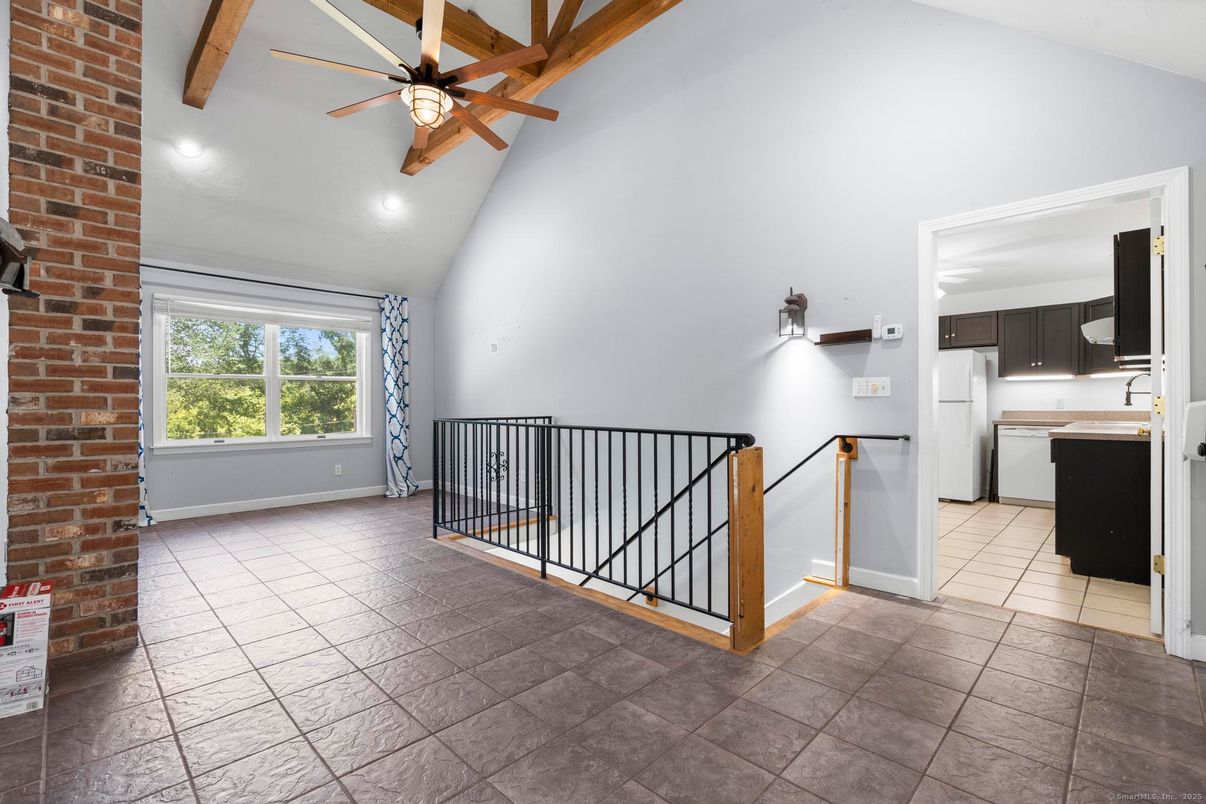 Empty room, Interior, Kitchen, Recessed Lighting, Stone Walls, Wooden Beams