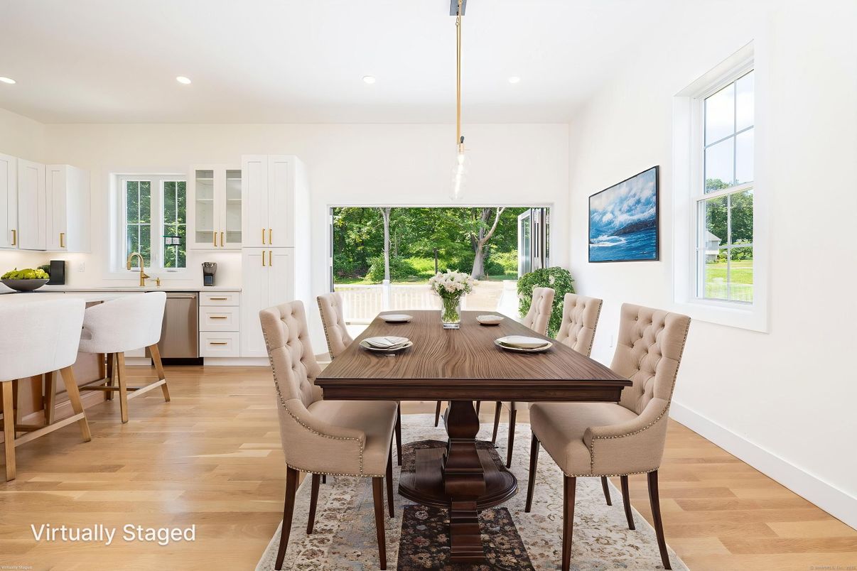 Dining room, Interior, Pendant Lights, Recessed Lighting, Wood Texture Flooring