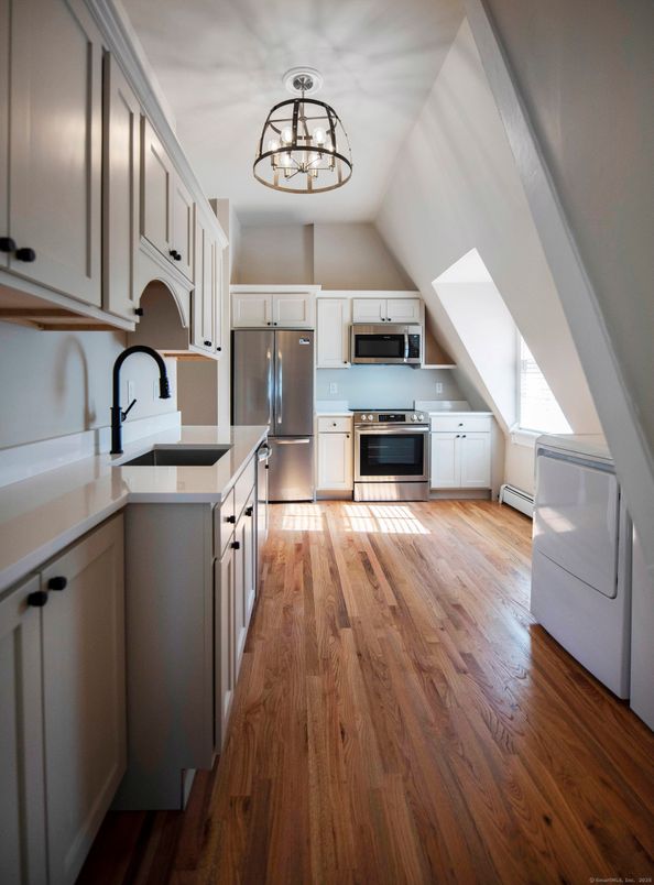Chandelier, Interior, Kitchen, Stainless Steel Appliances, Wood Texture Flooring