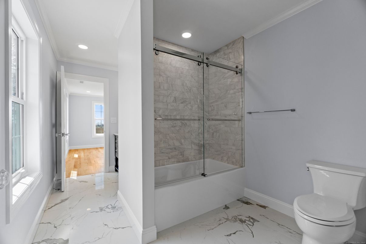 Bathroom, Glass Shower, Interior, Marble, Marble Walls, Recessed Lighting