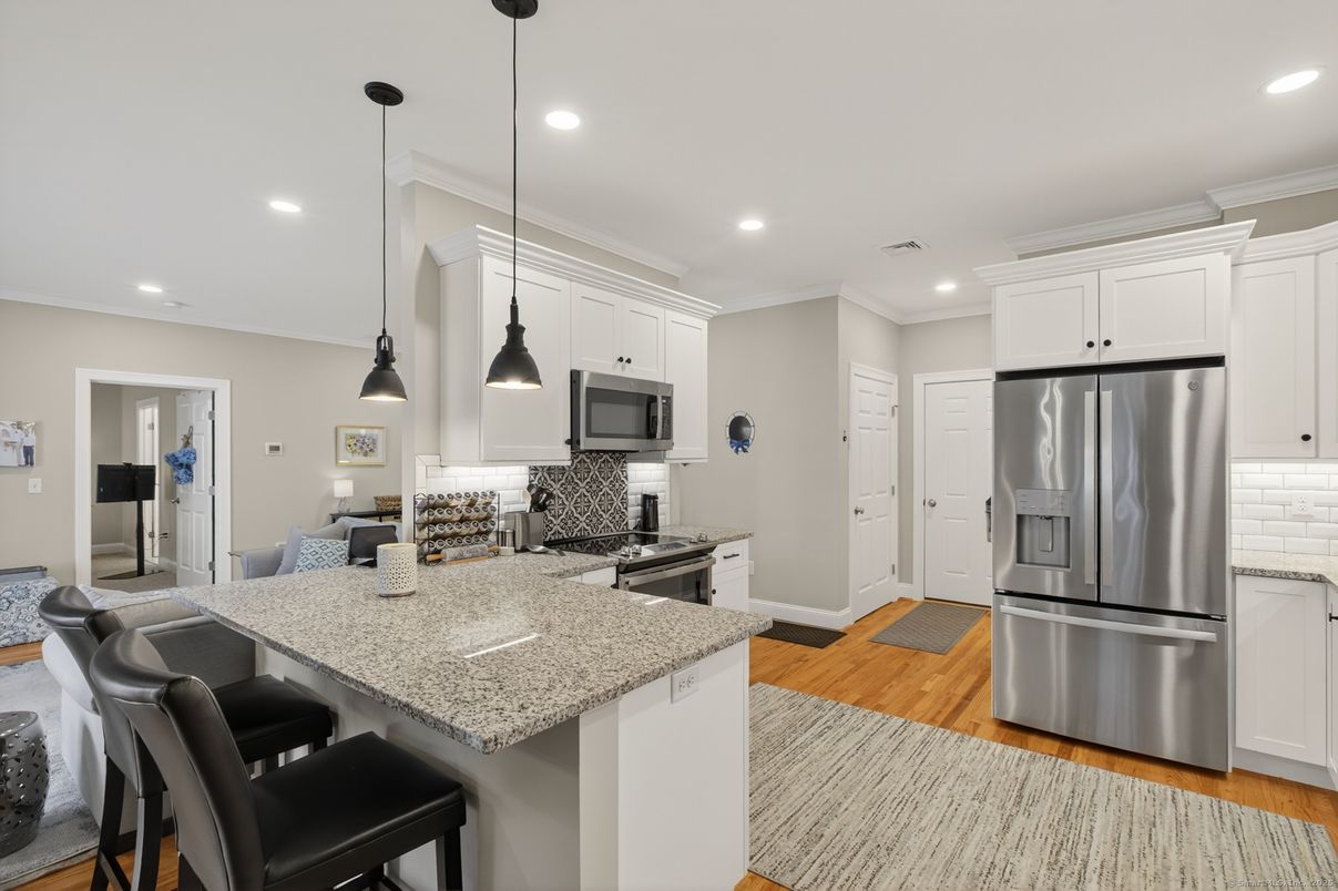 Interior, Kitchen, Pendant Lights, Recessed Lighting, Stainless Steel Appliances, Wood Texture Flooring