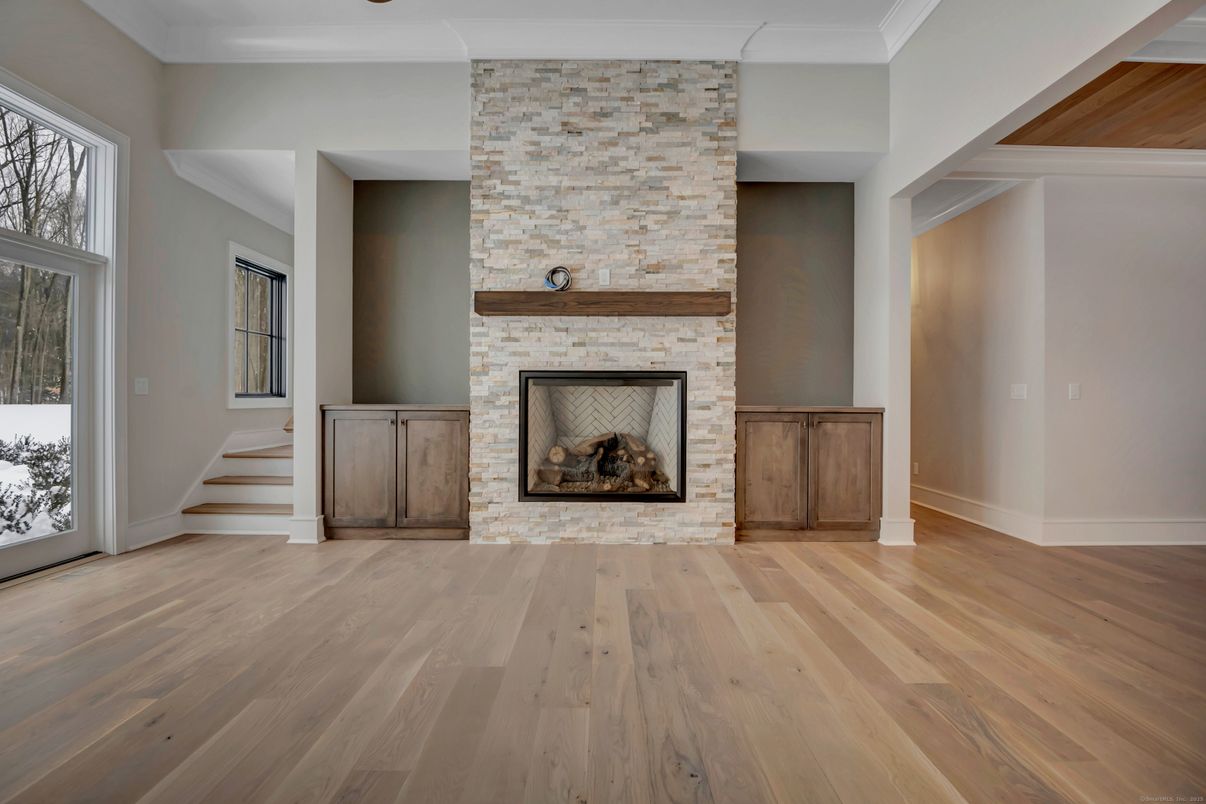 Empty room, Fireplace, Interior, Stone Walls, Wood Texture Flooring