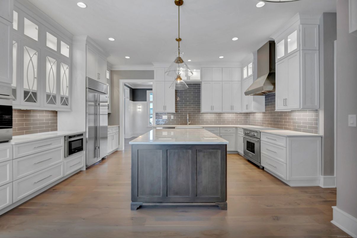 Interior, Kitchen, Pendant Lights, Recessed Lighting, Stainless Steel Appliances, Wood Texture Flooring