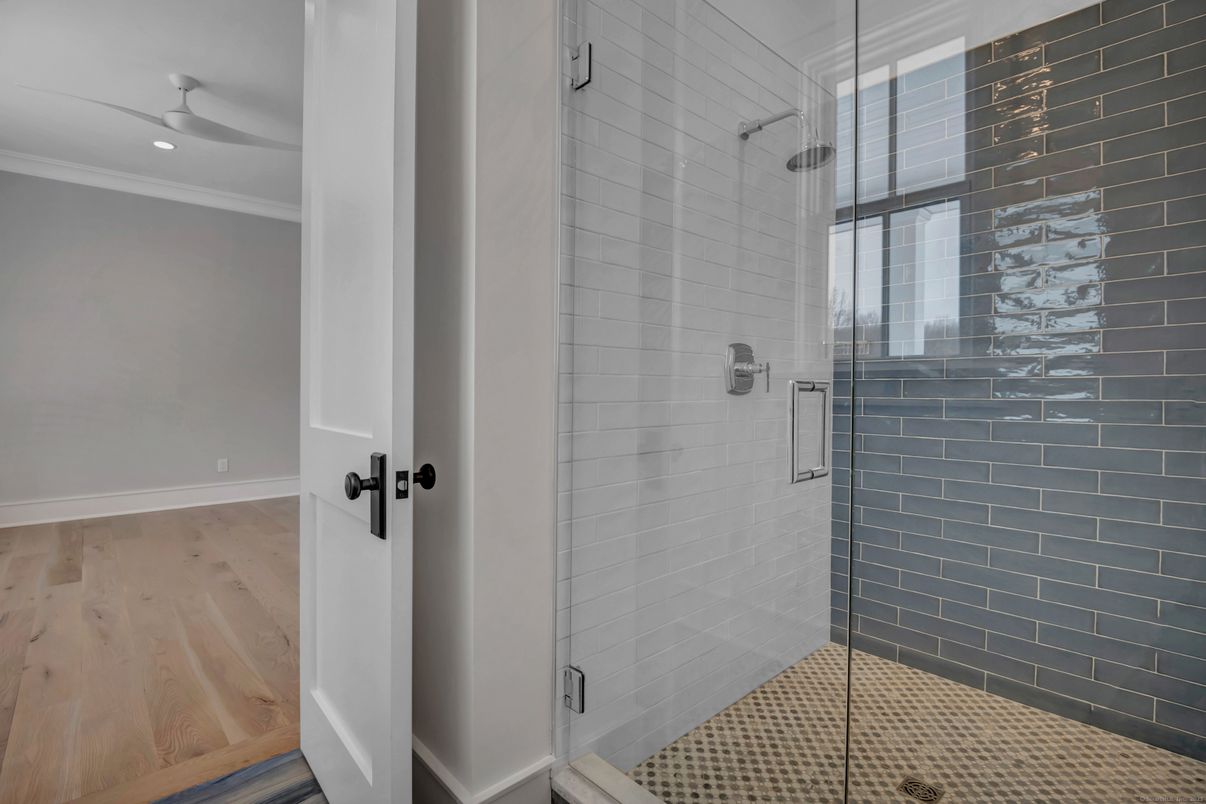 Bathroom, Glass Shower, Interior, Recessed Lighting, Wood Texture Flooring