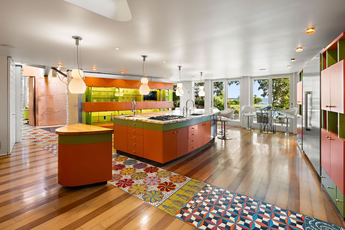 Dining room, Interior, Kitchen, Pendant Lights, Recessed Lighting, Wood Texture Flooring