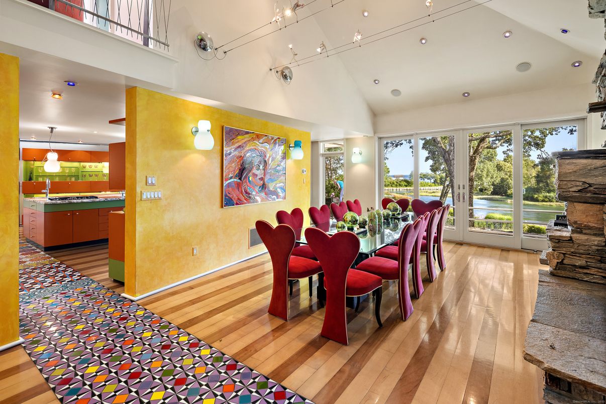 Dining room, Interior, Kitchen, Pendant Lights, Recessed Lighting, Wood Texture Flooring