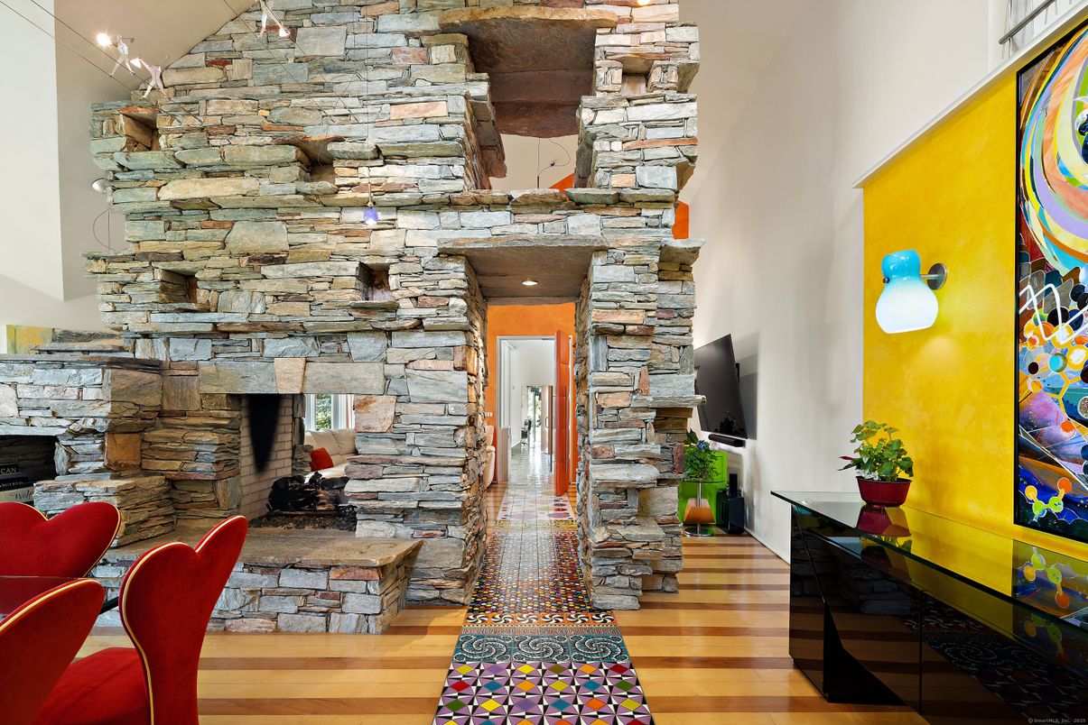 Fireplace, Interior, Recessed Lighting, Stone Walls, Wood Texture Flooring