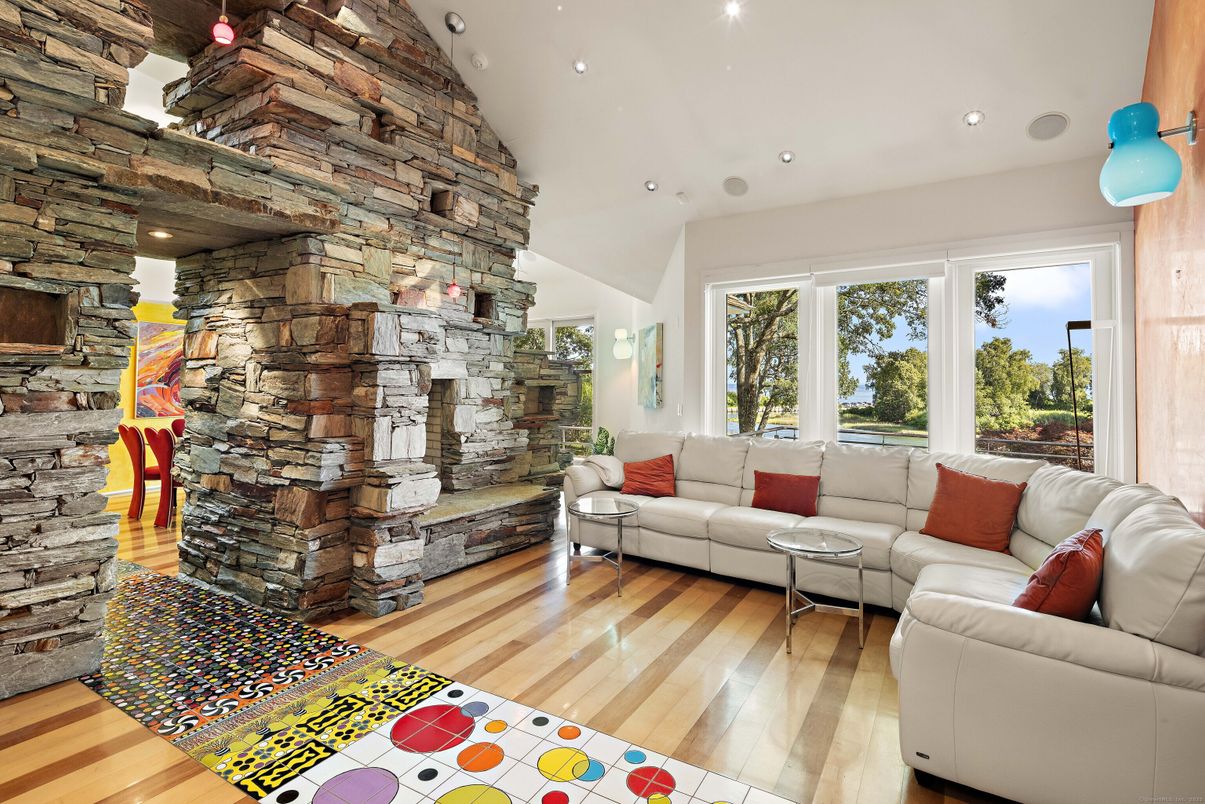 Interior, Living room, Recessed Lighting, Stone Walls, Wood Texture Flooring