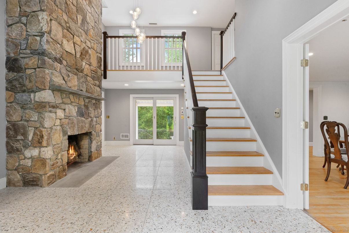 Fireplace, Interior, Pendant Lights, Recessed Lighting, Stone Walls