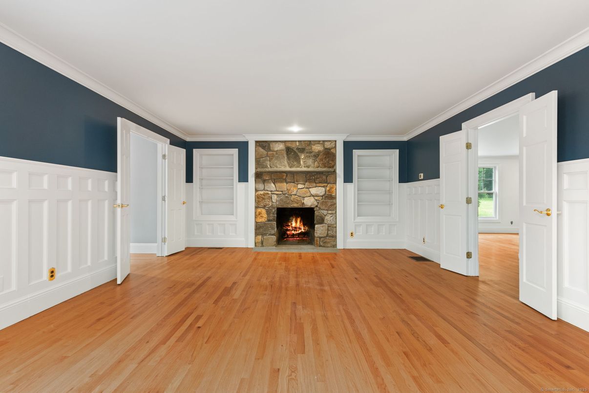 Empty room, Fireplace, Interior, Recessed Lighting, Wood Texture Flooring