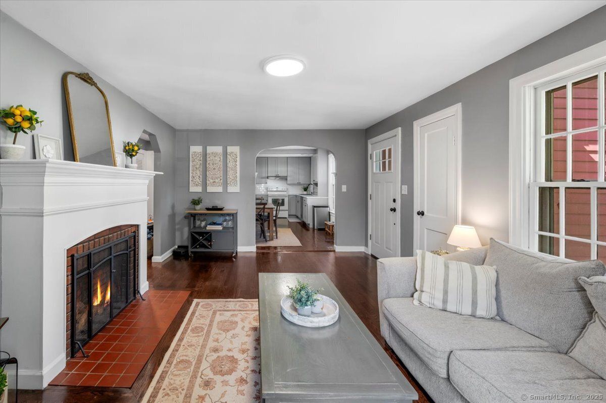 Dining room, Fireplace, Interior, Kitchen, Living room, Recessed Lighting, Wood Texture Flooring