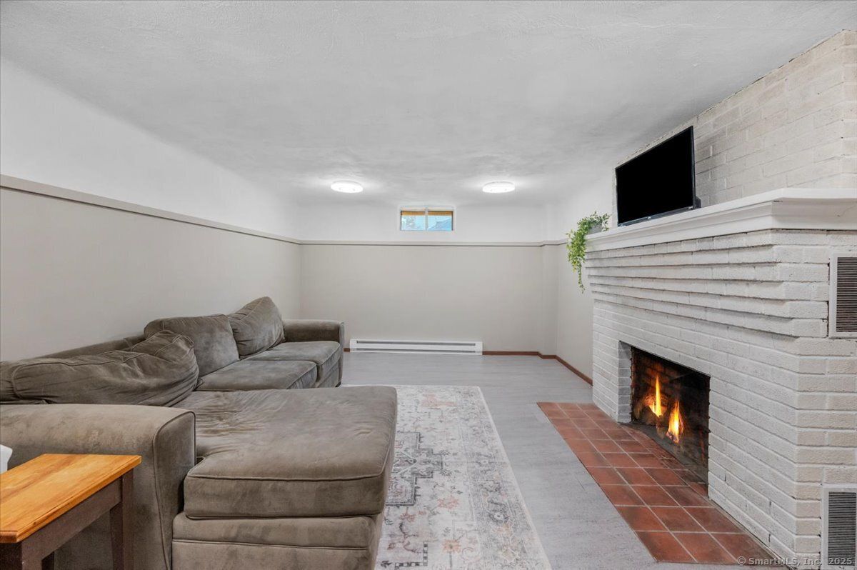 Fireplace, Interior, Living room, Recessed Lighting, Stone Walls