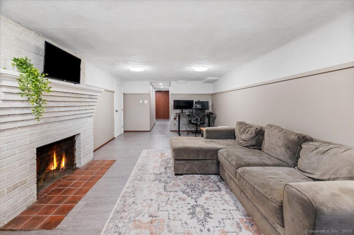 Fireplace, Interior, Living room, Recessed Lighting, Stone Walls