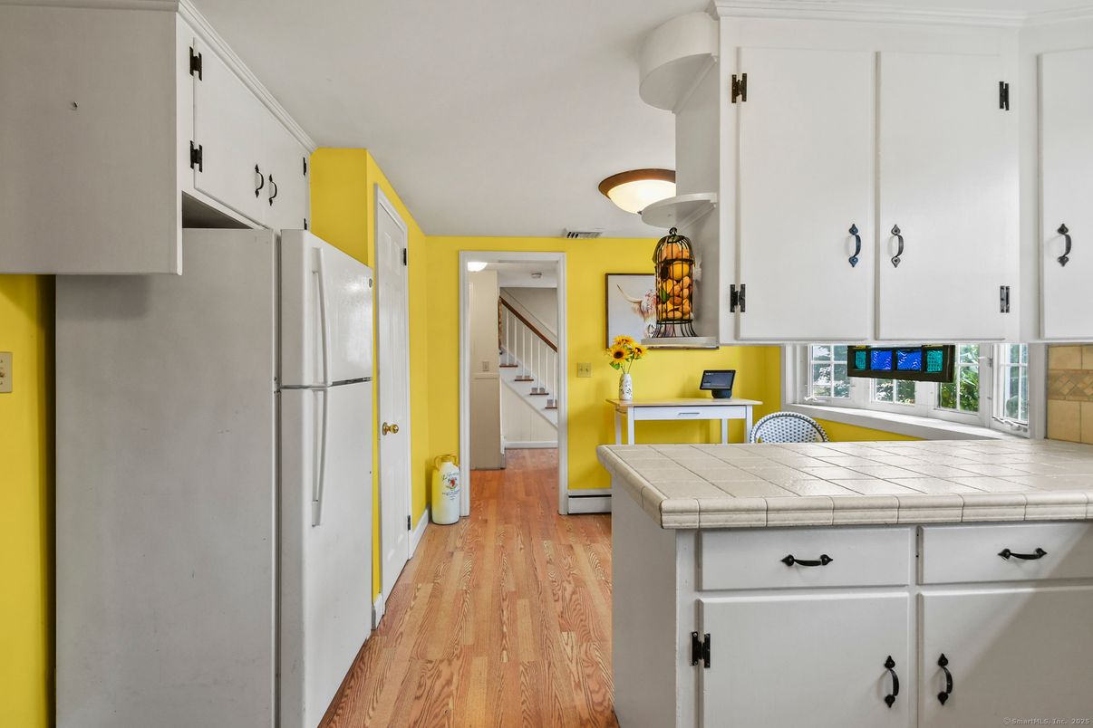 Interior, Kitchen, Tile Countertops, Wood Texture Flooring
