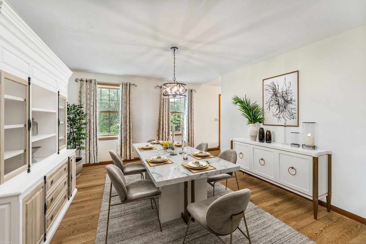 Dining room, Interior, Pendant Lights, Wood Texture Flooring
