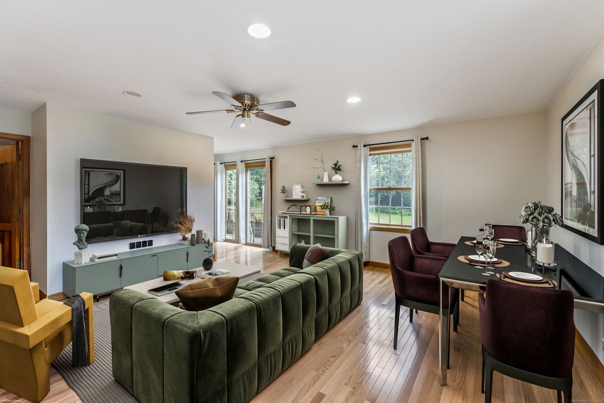 Dining room, Interior, Living room, Recessed Lighting, Wood Texture Flooring