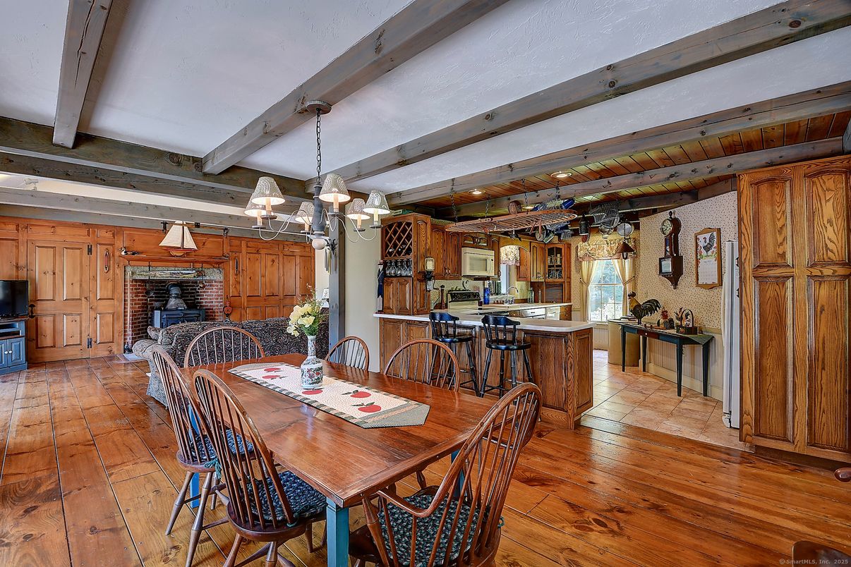 Chandelier, Dining room, Fireplace, Interior, Kitchen, Pendant Lights, Stone Walls, Wooden Beams, Wood Texture Flooring