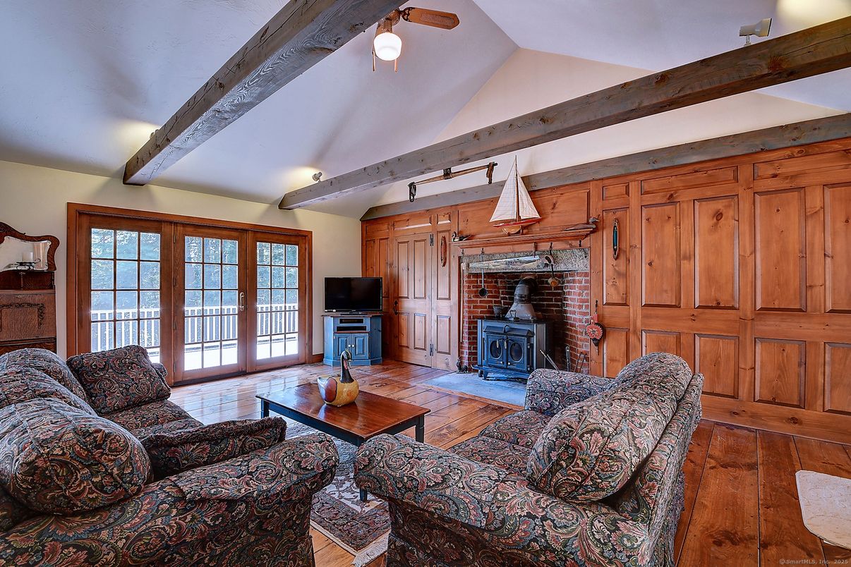 Fireplace, Interior, Living room, Stone Walls, Wooden Beams, Wood Texture Flooring