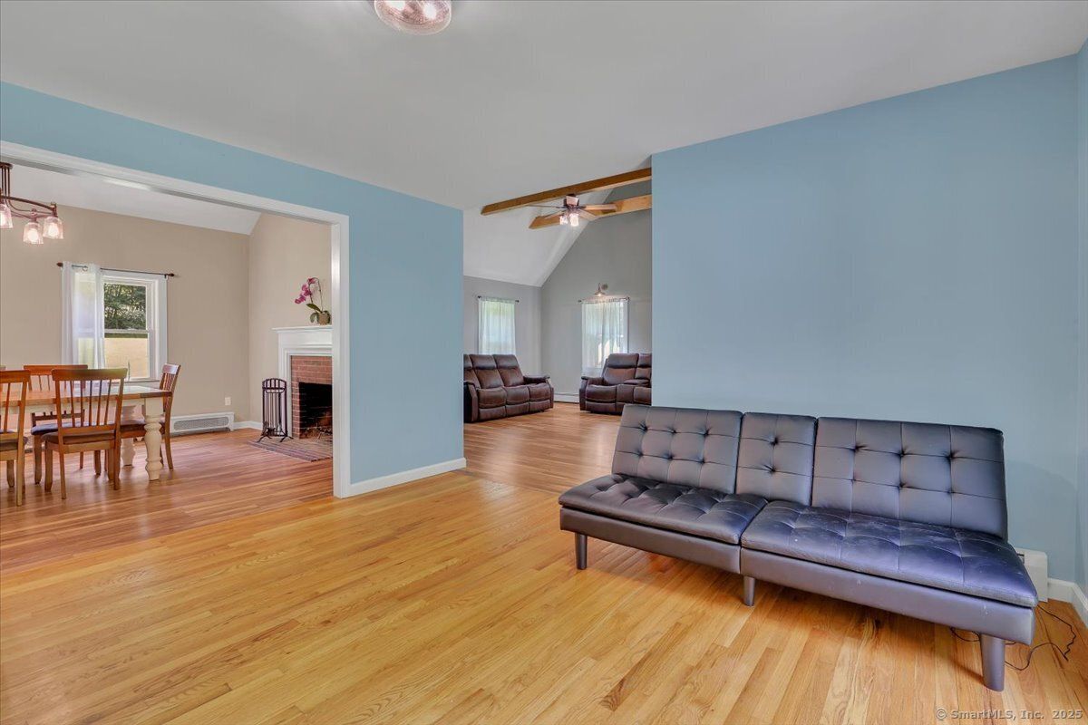 Dining room, Fireplace, Interior, Pendant Lights, Wood Texture Flooring