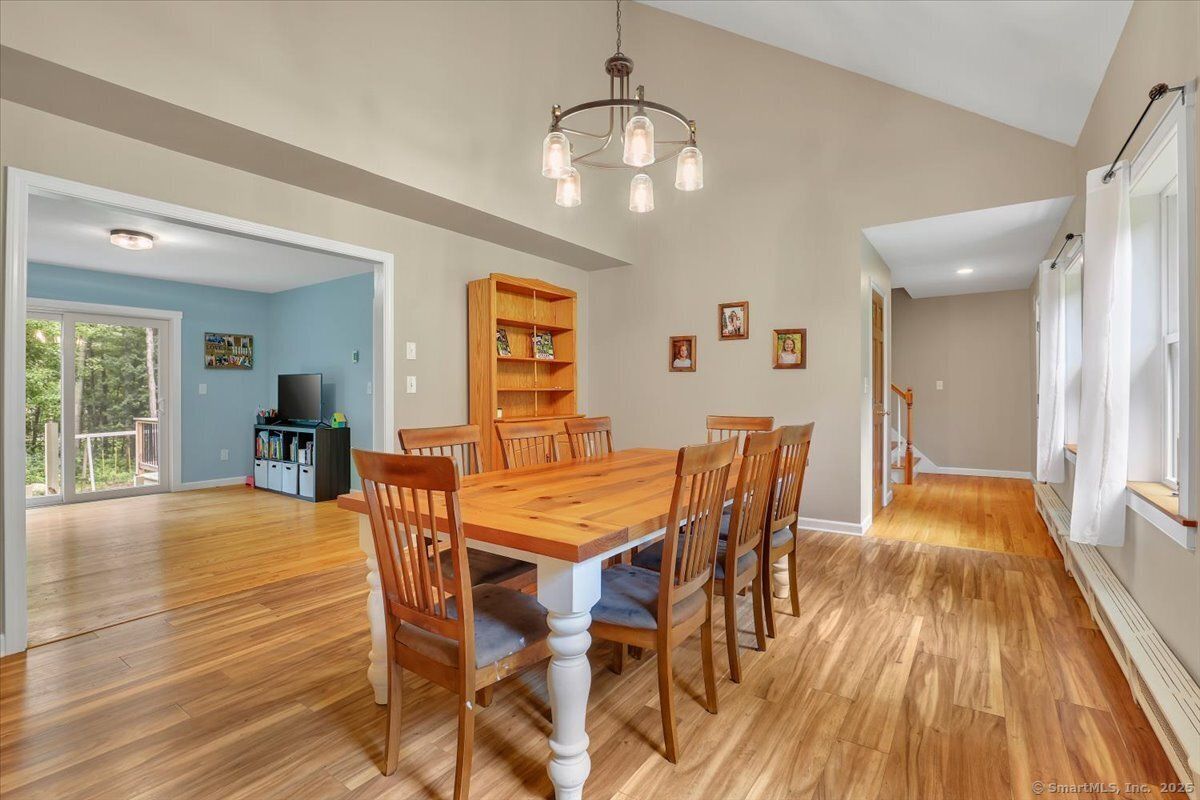 Dining room, Interior, Pendant Lights, Recessed Lighting, Wood Texture Flooring