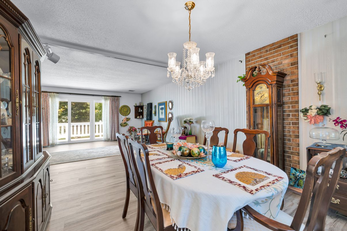 Chandelier, Dining room, Interior, Stone Walls, Wood Texture Flooring